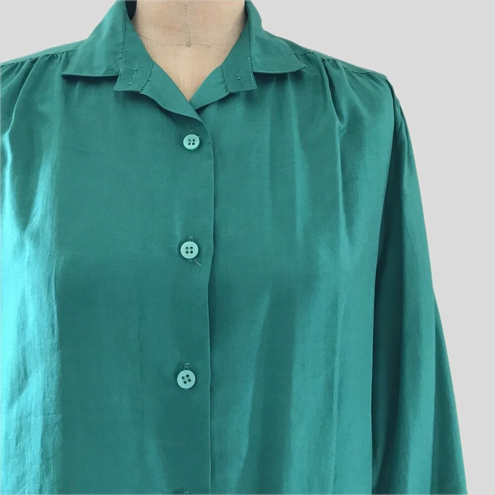 Vintage Blue Green Long Sleeve Silk Collared Blouse Top, Women's Size S